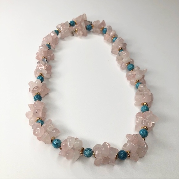 Vintage Chunky Rose Quartz & Turquoise Stone Necklace - Picture 1 of 4